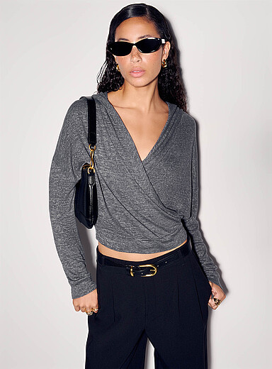 Ic&ocirc;ne Grey Hooded crossover T-shirt for women