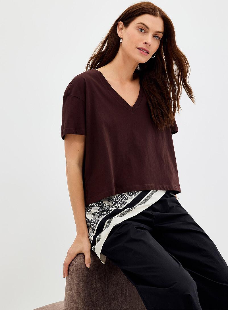 Contemporaine Brown 100% organic cotton boxy V-neck T-shirt for women