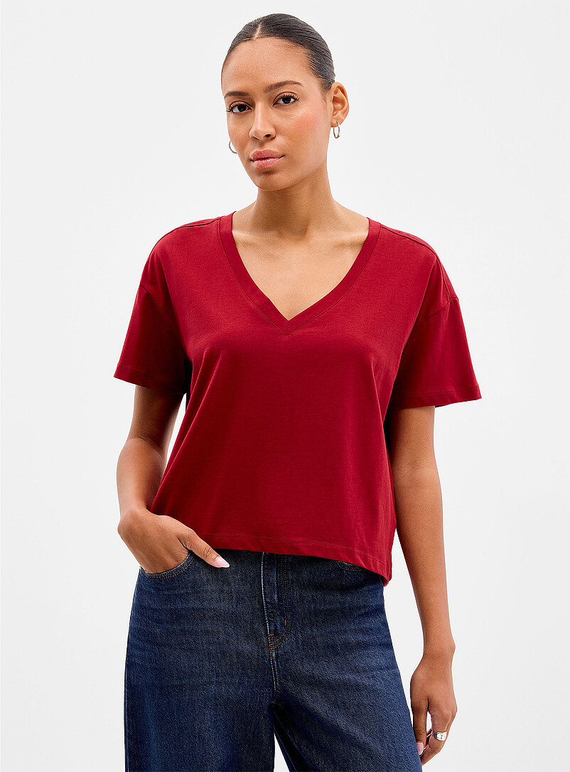Contemporaine Brown 100% organic cotton boxy V-neck T-shirt for women