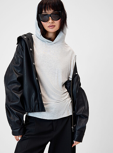 Twik Patterned Grey Fluid hooded T-shirt for women