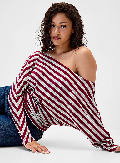 Twik Patterned Red Cinched waist striped off-the-shoulder T-shirt for women