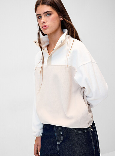 Colour-block button-collar fleece sweatshirt