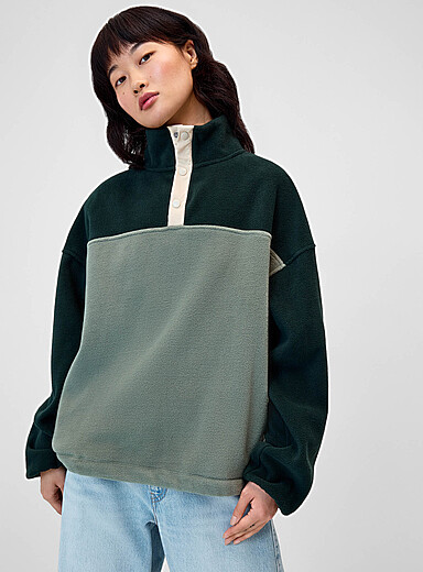 Twik Green Colour-block button-collar fleece sweatshirt for women
