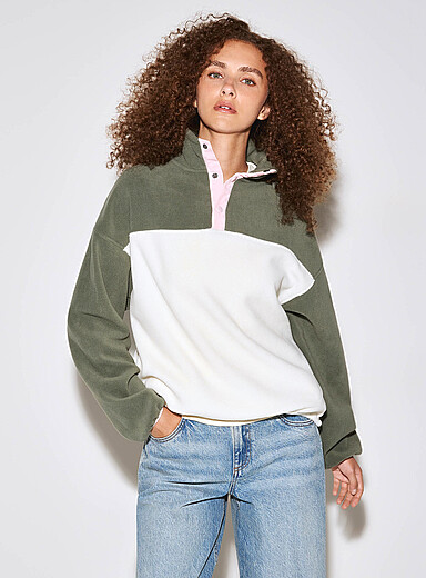 Twik Sage Green Colour-block button-collar fleece sweatshirt for women