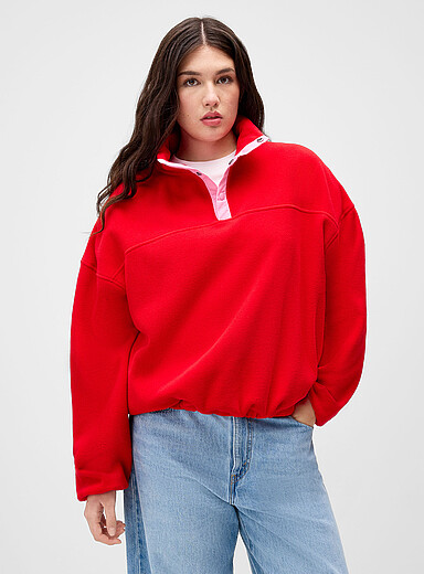 Twik: Le sweat molleton col boutons couleurs blocs Rouge pour femme