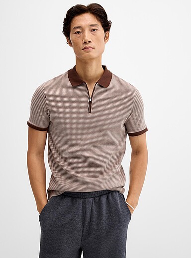 Le 31: Le polo jacquard micro damier <b>Coupe standard</b> Brun pour homme