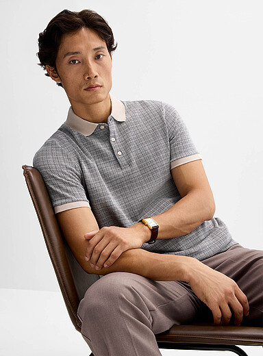 Le 31 Navy/Midnight Blue Abstract check jacquard polo <b>Standard fit</b> for men