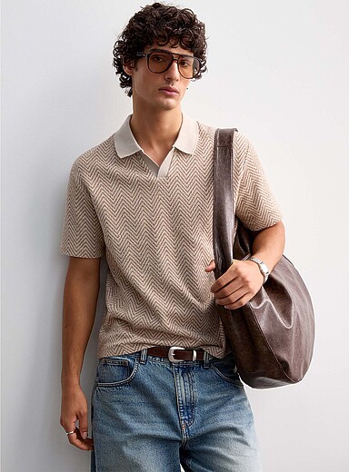 Le 31: Le polo col Johnny ratin&eacute; chevrons &Eacute;cru - Lin pour homme