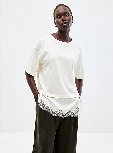 Long boxy-fit asymmetrical lace organic cotton T-shirt