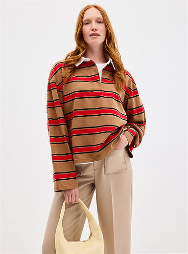 Contemporaine Patterned Ecru Poplin collar striped polo shirt for women