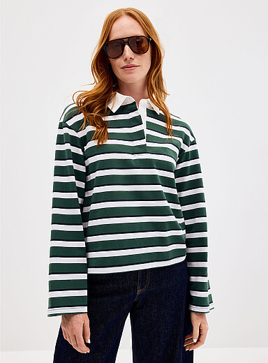 Contemporaine Patterned Green Striped poplin-collar polo shirt for women