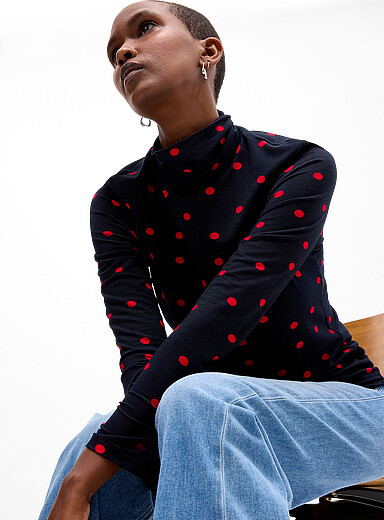Contemporaine Navy/Midnight Blue Ultra-flowy printed turtleneck T-shirt for women