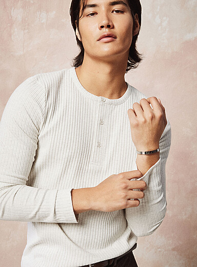 Le 31 Ivory/Cream Beige Flat-ribbed Henley T-shirt for men
