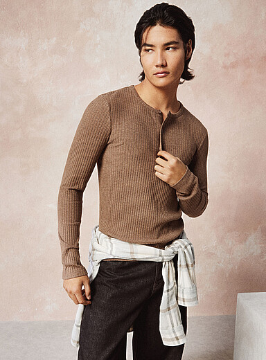 Le 31: Le t-shirt henley c&ocirc;tes plates Taupe pour homme