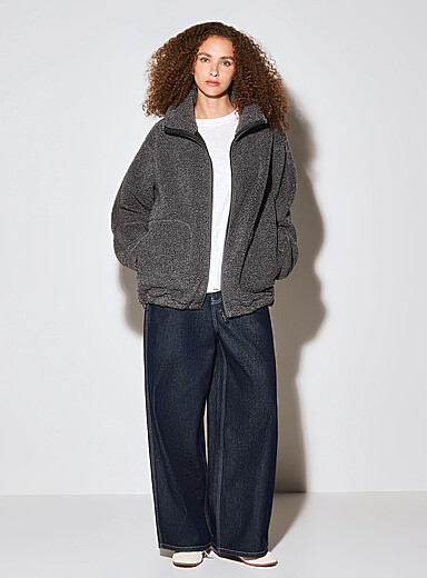 Twik Charcoal High-pile fleece stand-collar jacket for women