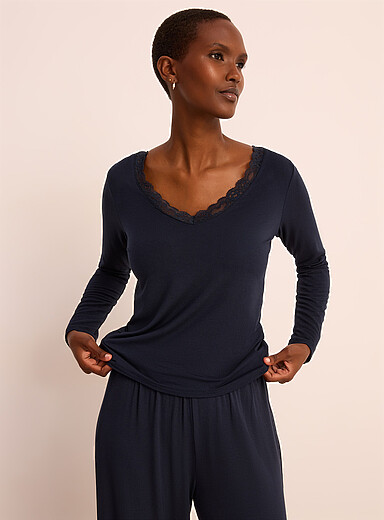 Miiyu Indigo/Dark Blue Lace trim stretch T-shirt for women