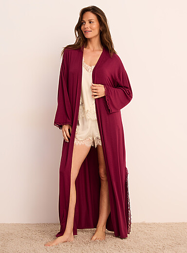 Miiyu Burgundy Fluid lace-accent open-front long cardigan for women