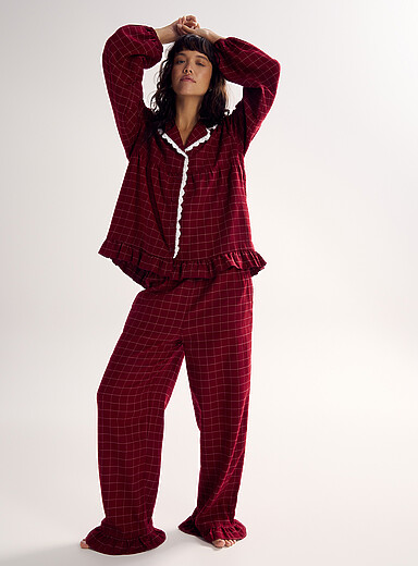 Miiyu: La chemise flanelle taille basque accent brod&eacute; <b>Collection de No&euml;l</b> Rouge &agrave; motifs pour femme