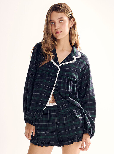 Miiyu Patterned Green Ruffle and embroidered trim flannel pyjama short <b>Christmas Collection</b> for women