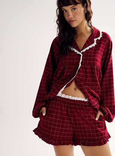 Miiyu Patterned Red Ruffle and embroidered trim flannel pyjama short <b>Christmas Collection</b> for women