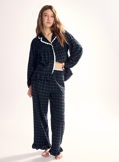 Miiyu x Twik Patterned Green Ruffle and embroidered trim flannel pyjama pant <b>Christmas Collection</b> for women