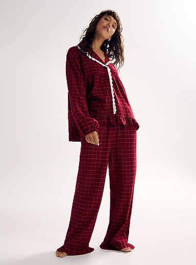 Miiyu x Twik Patterned Red Ruffle and embroidered trim flannel pyjama pant <b>Christmas Collection</b> for women