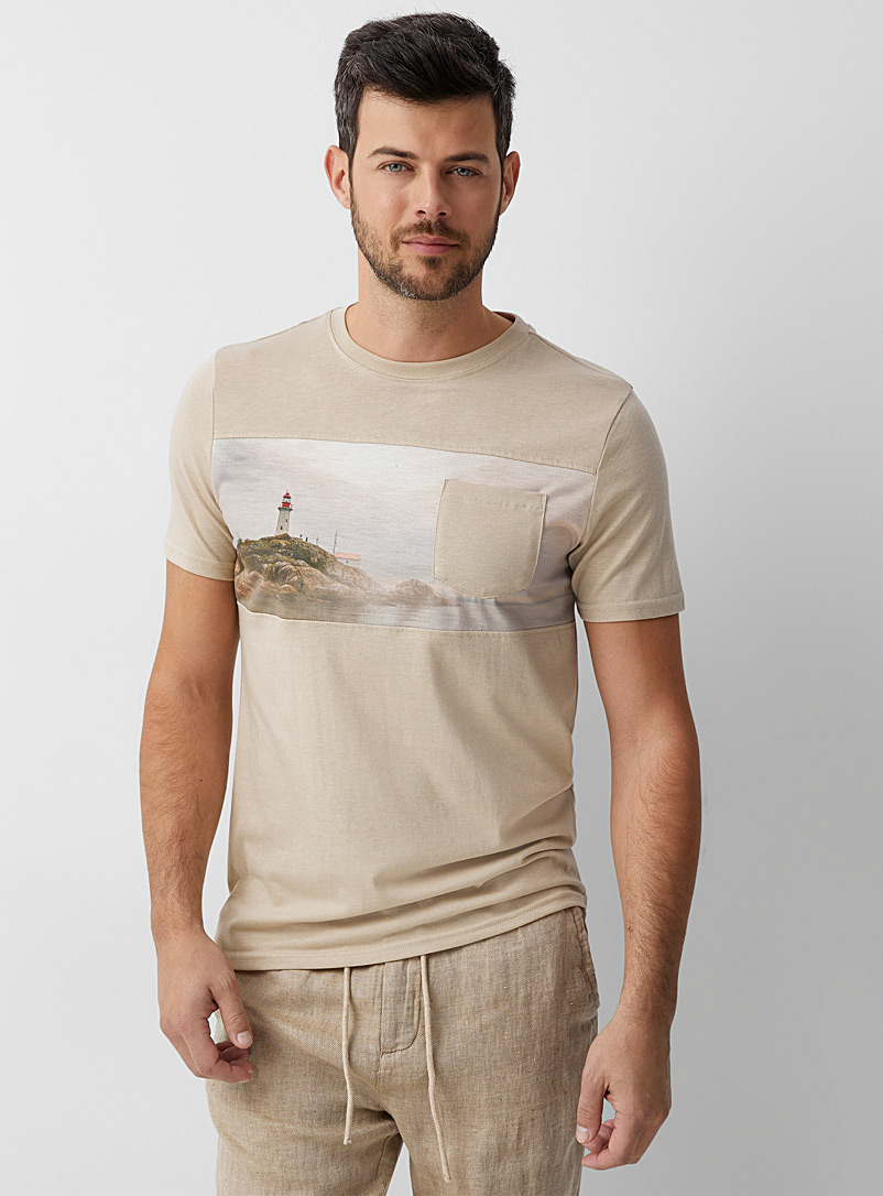 Le 31 Cream Beige Panoramic block T-shirt for men