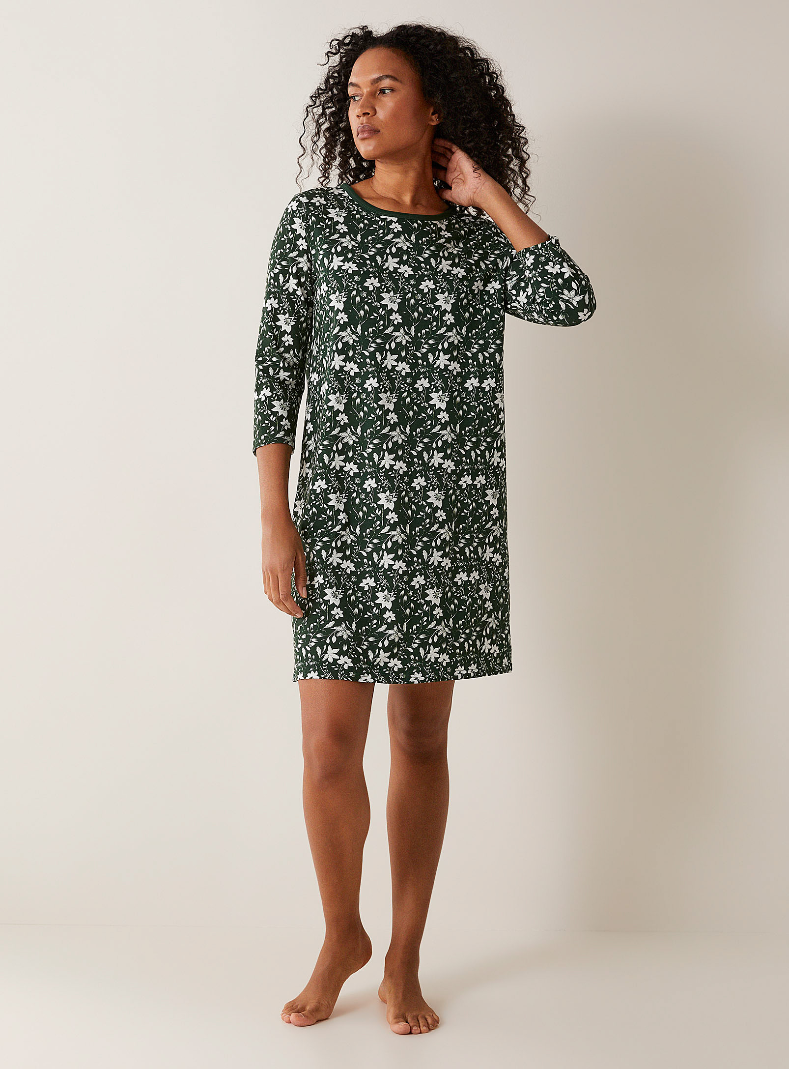 Miiyu Organic Cotton Mini Pattern Nightgown In Pine/bottle Green