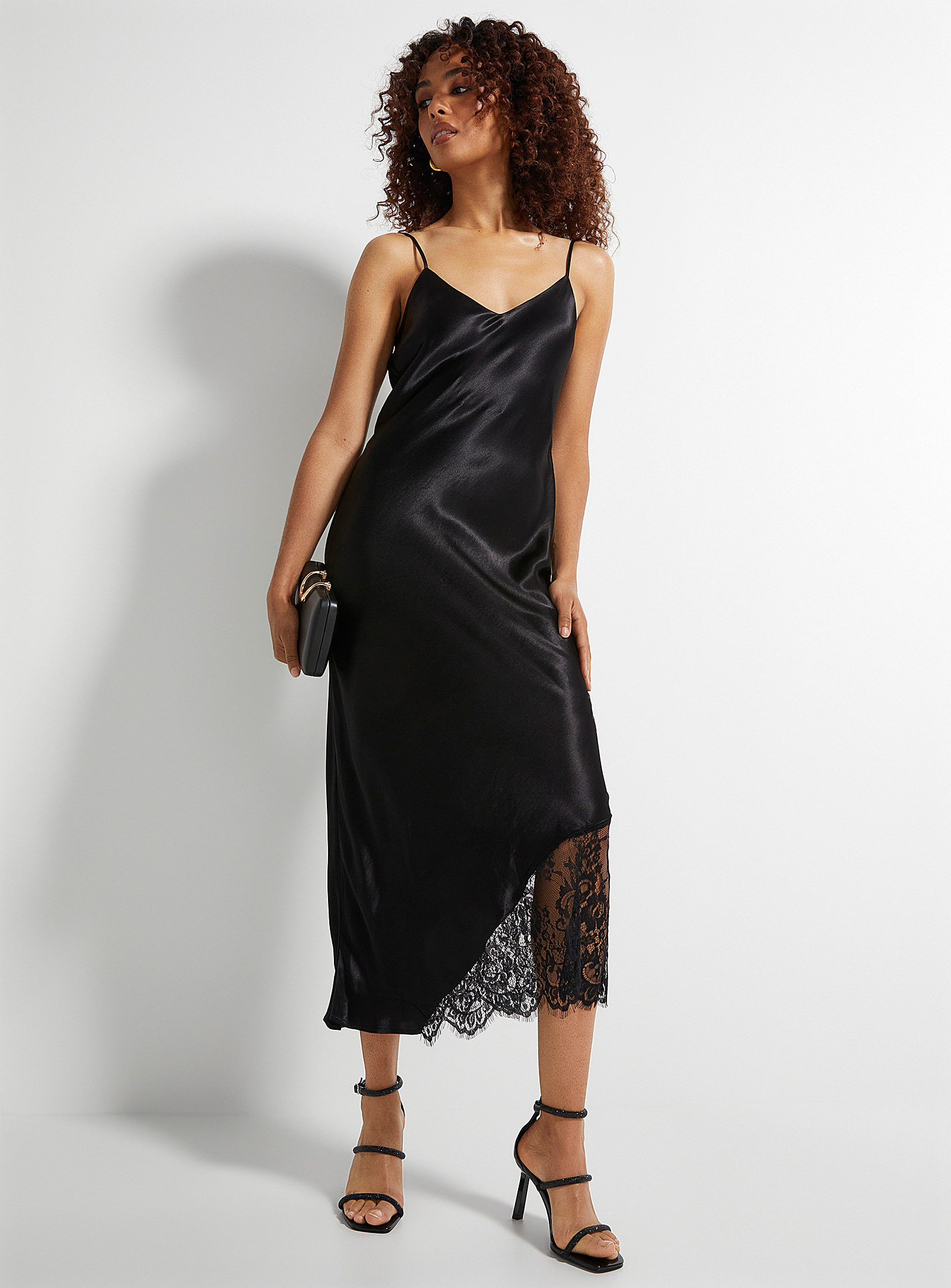Icone Long Satiny Lace Slip Dress In Black | ModeSens