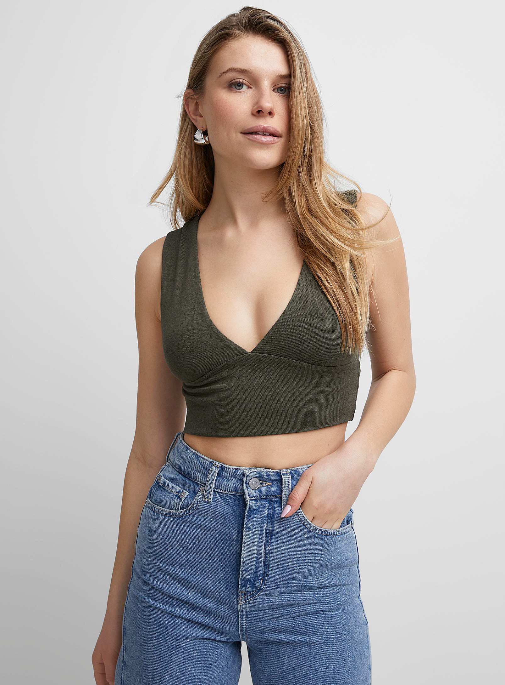 Icone Cropped V-neck Cami In Mossy Green