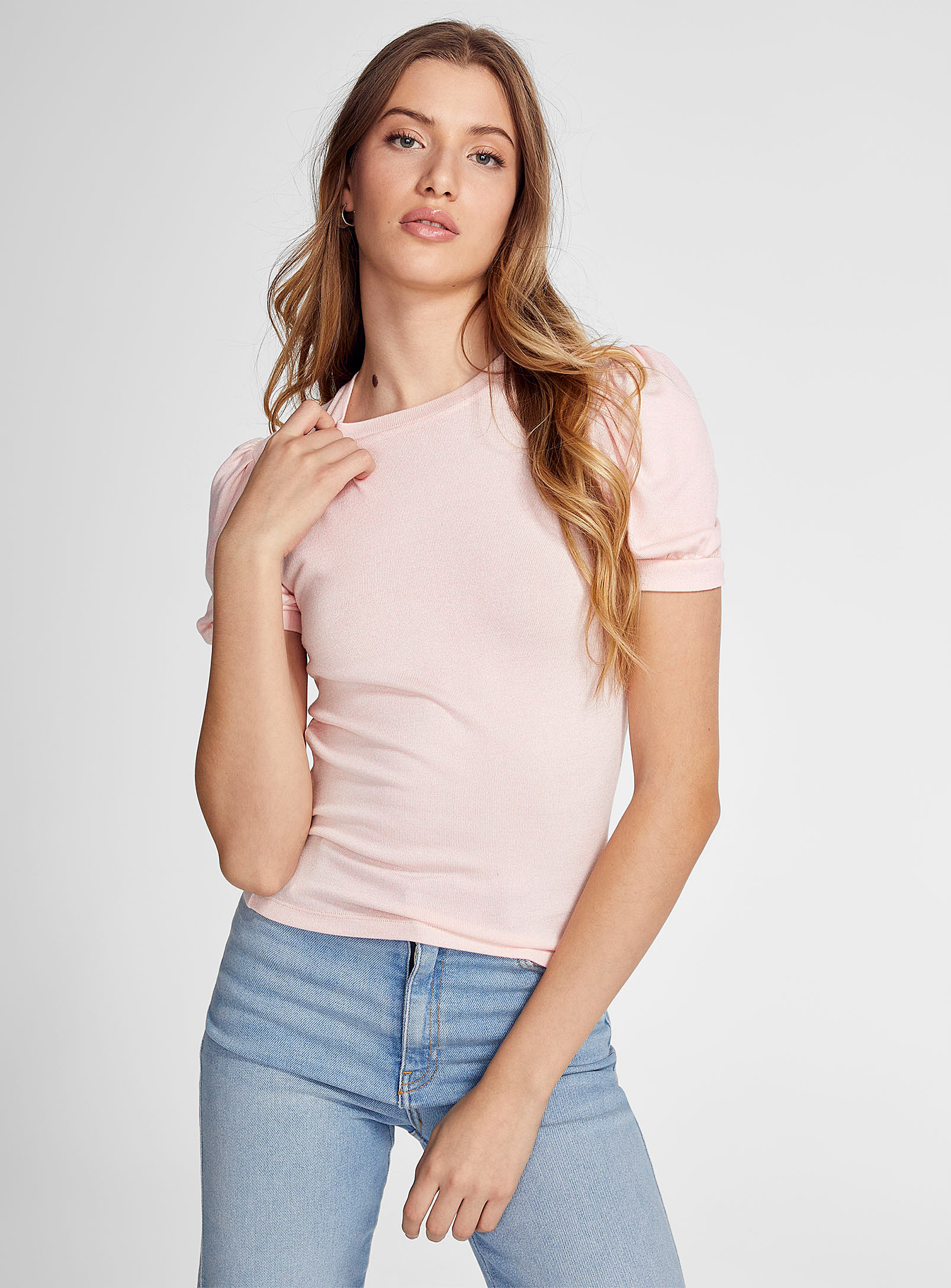 Icone Puff-sleeve Supple Knit T-shirt In Pink