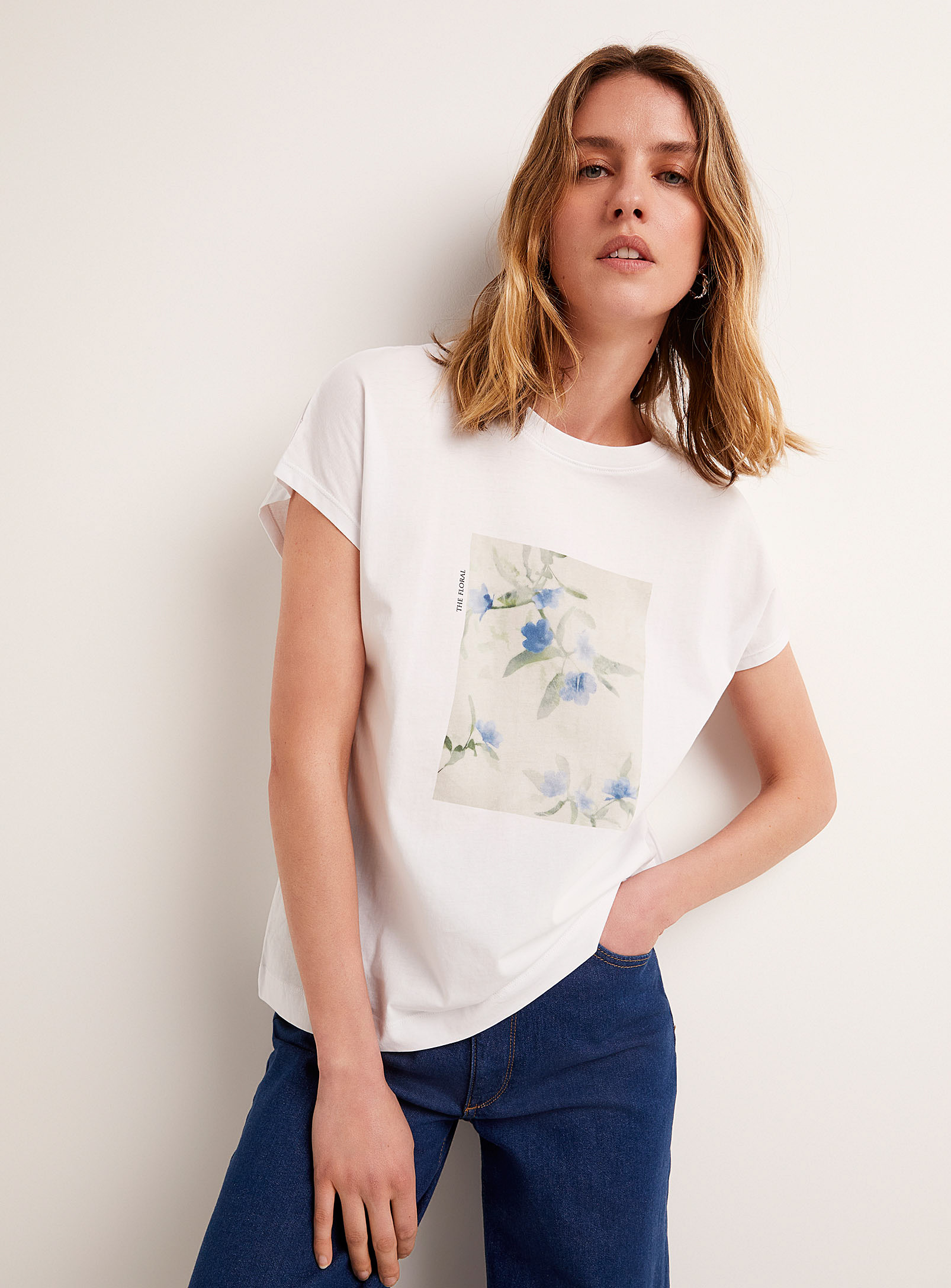 Contemporaine Cap-sleeve Printed T-shirt In White