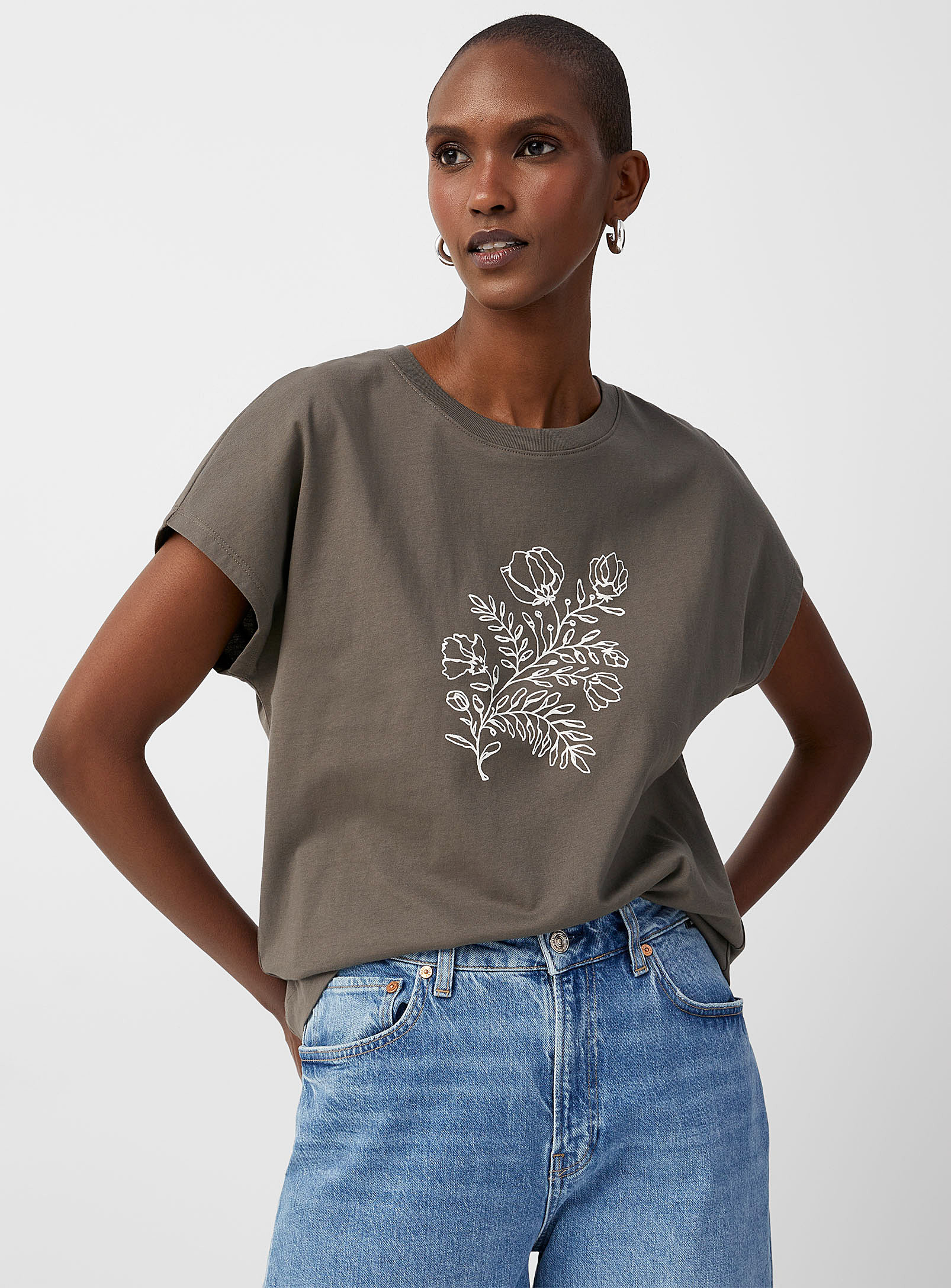 Contemporaine Cap-sleeve Printed T-shirt In Khaki/sage/olive