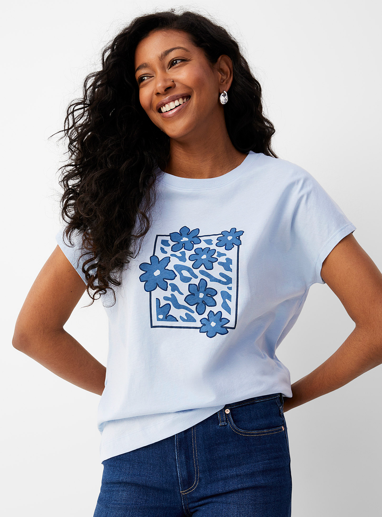 Contemporaine Cap-sleeve Printed T-shirt In Baby Blue