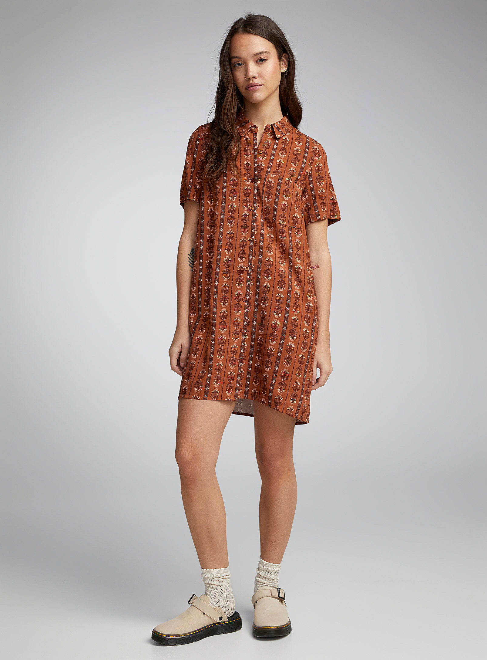 Twik Printed Flowy Shirtdress In Patterned Brown
