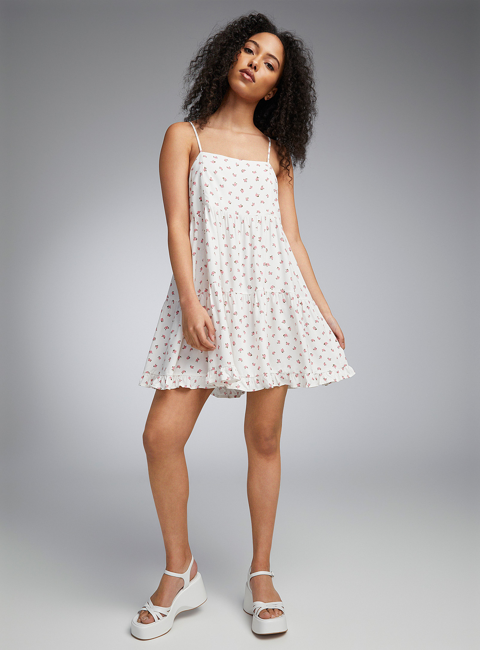 Twik Ruching And Ruffles Flowy Dress In Pearly