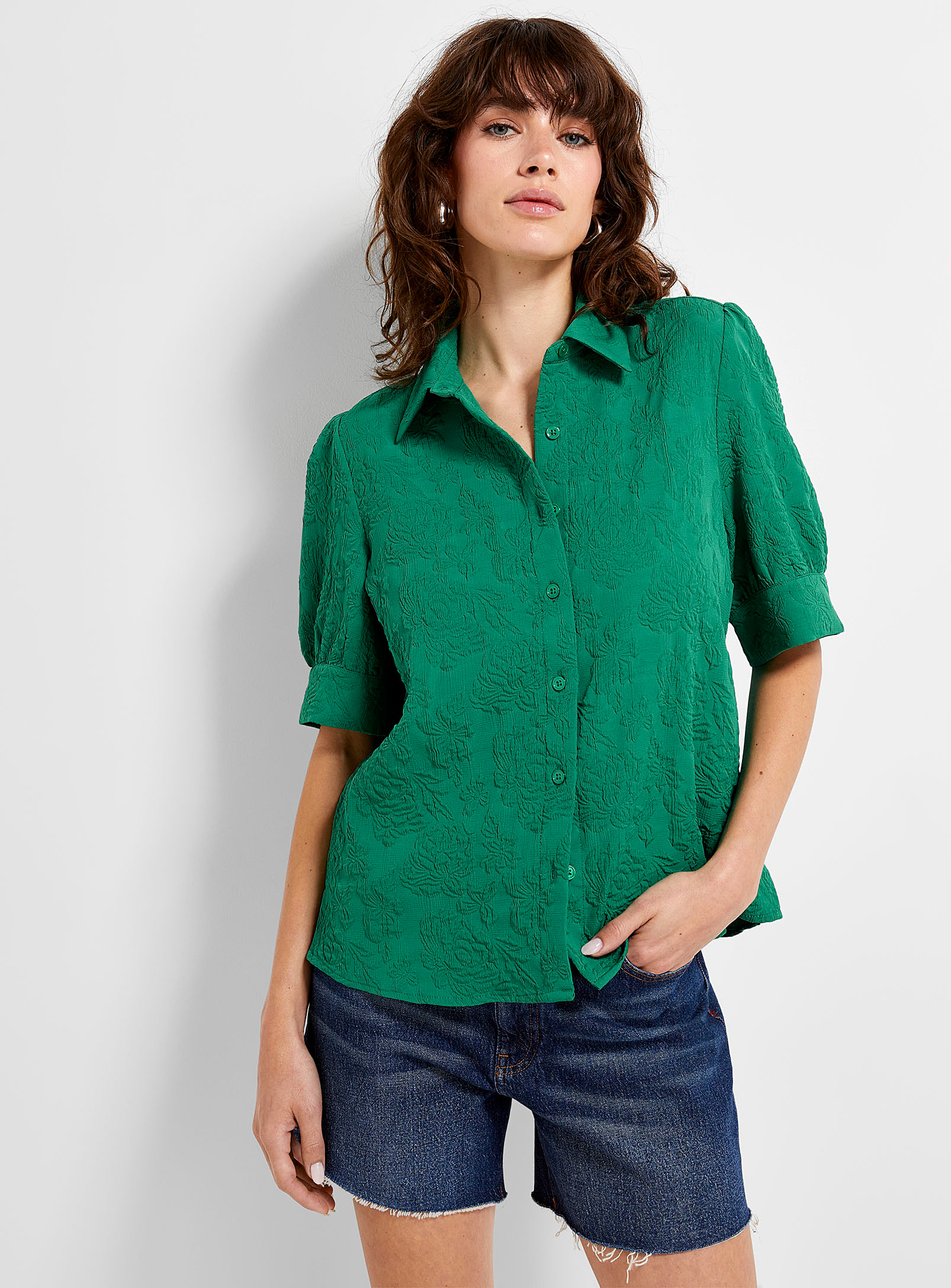 Contemporaine Embossed Floral Shirt In Emerald/kelly Green