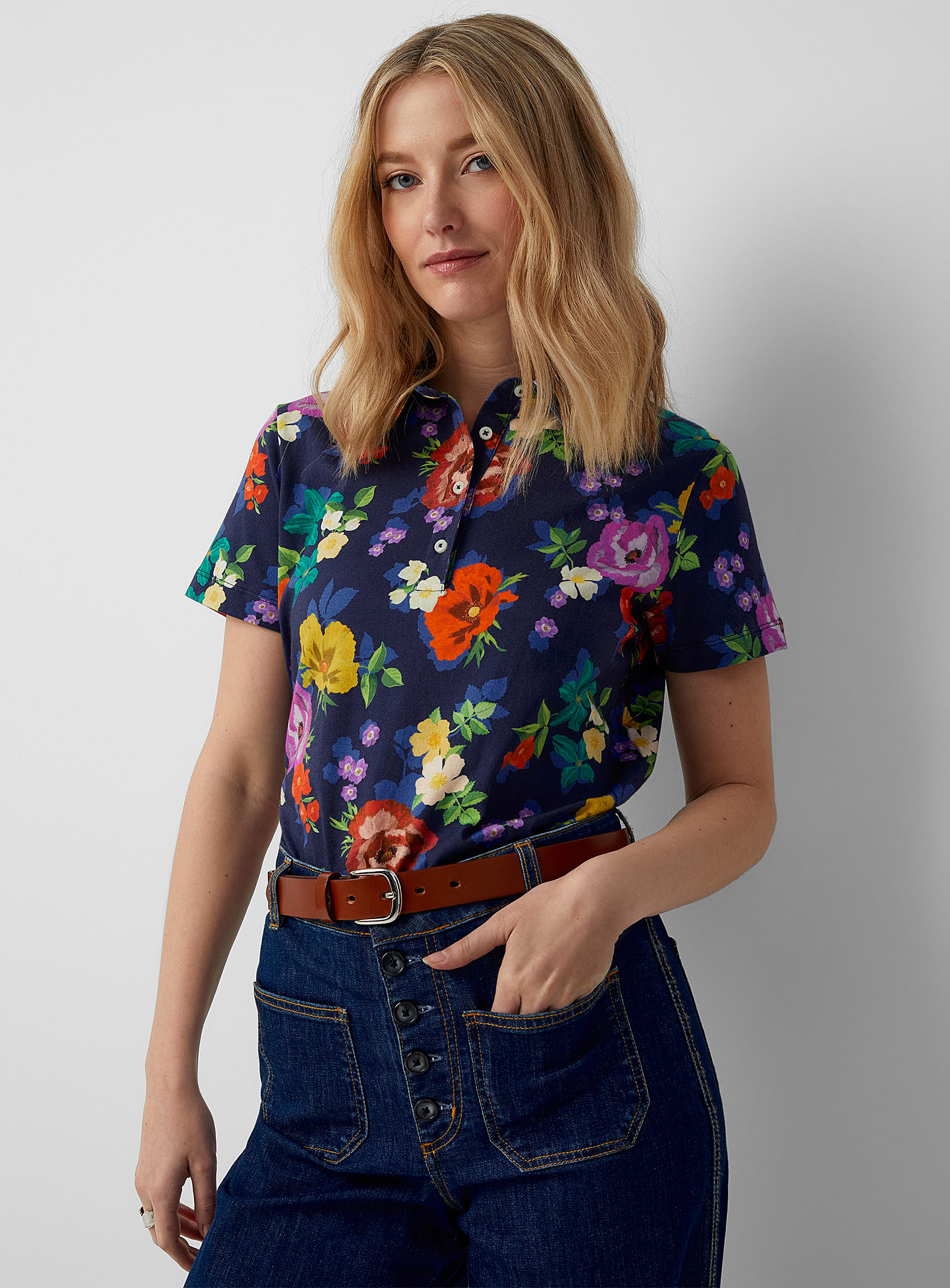 Contemporaine Lush Garden Polo Made With Liberty Fabric In Patterned Blue