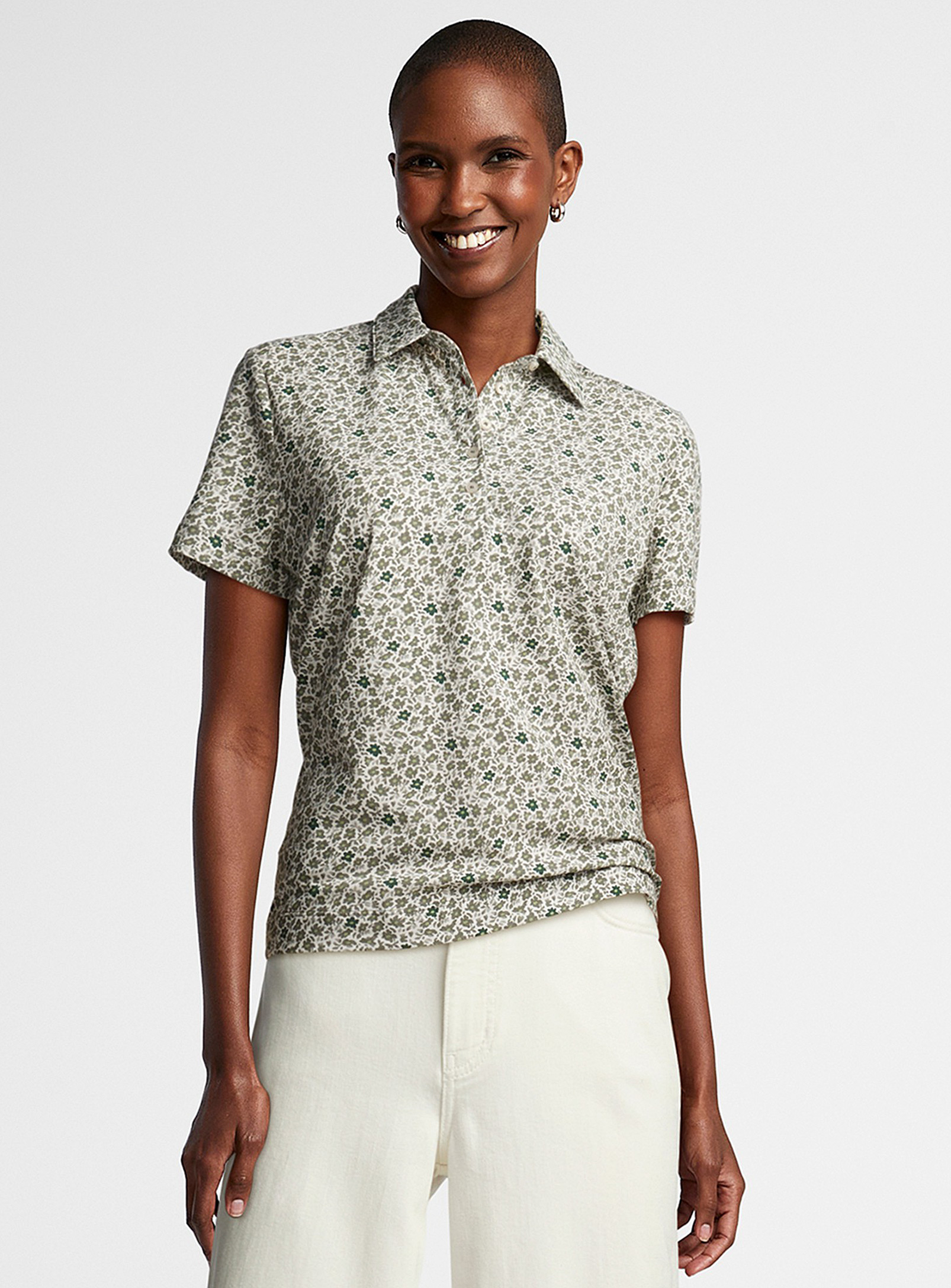 Contemporaine Floral Jersey Polo In Pine/bottle Green