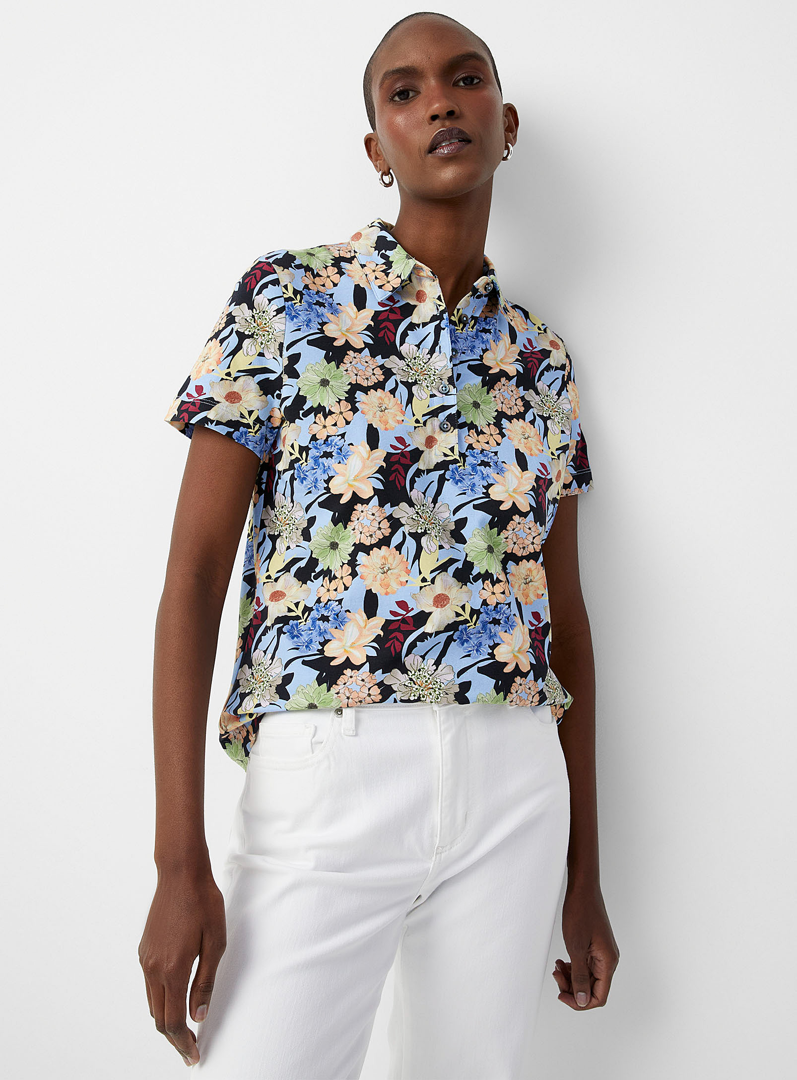 Contemporaine Floral Jersey Polo In Baby Blue