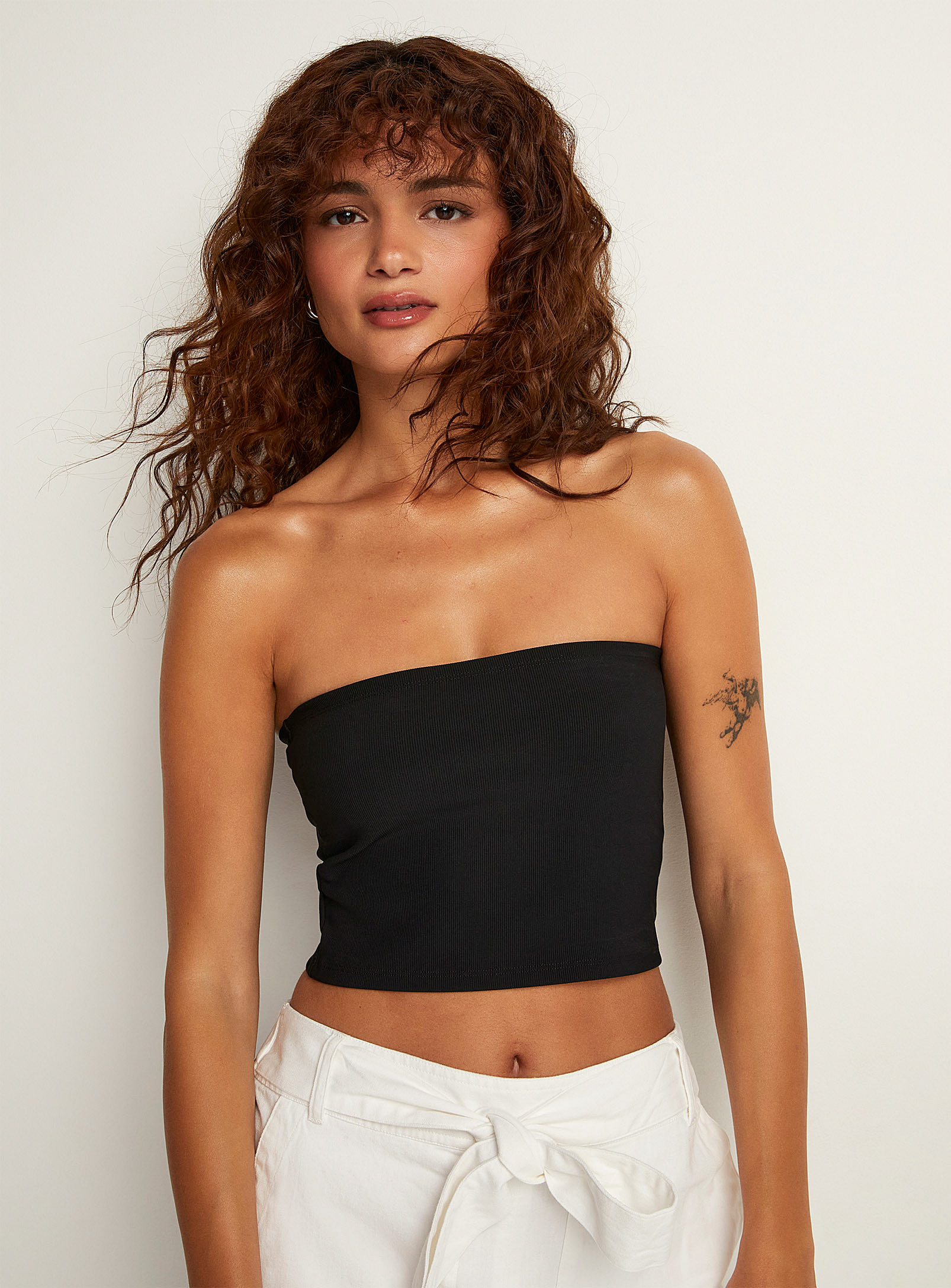 Icone Finely Ribbed Cropped Tube Top In Black