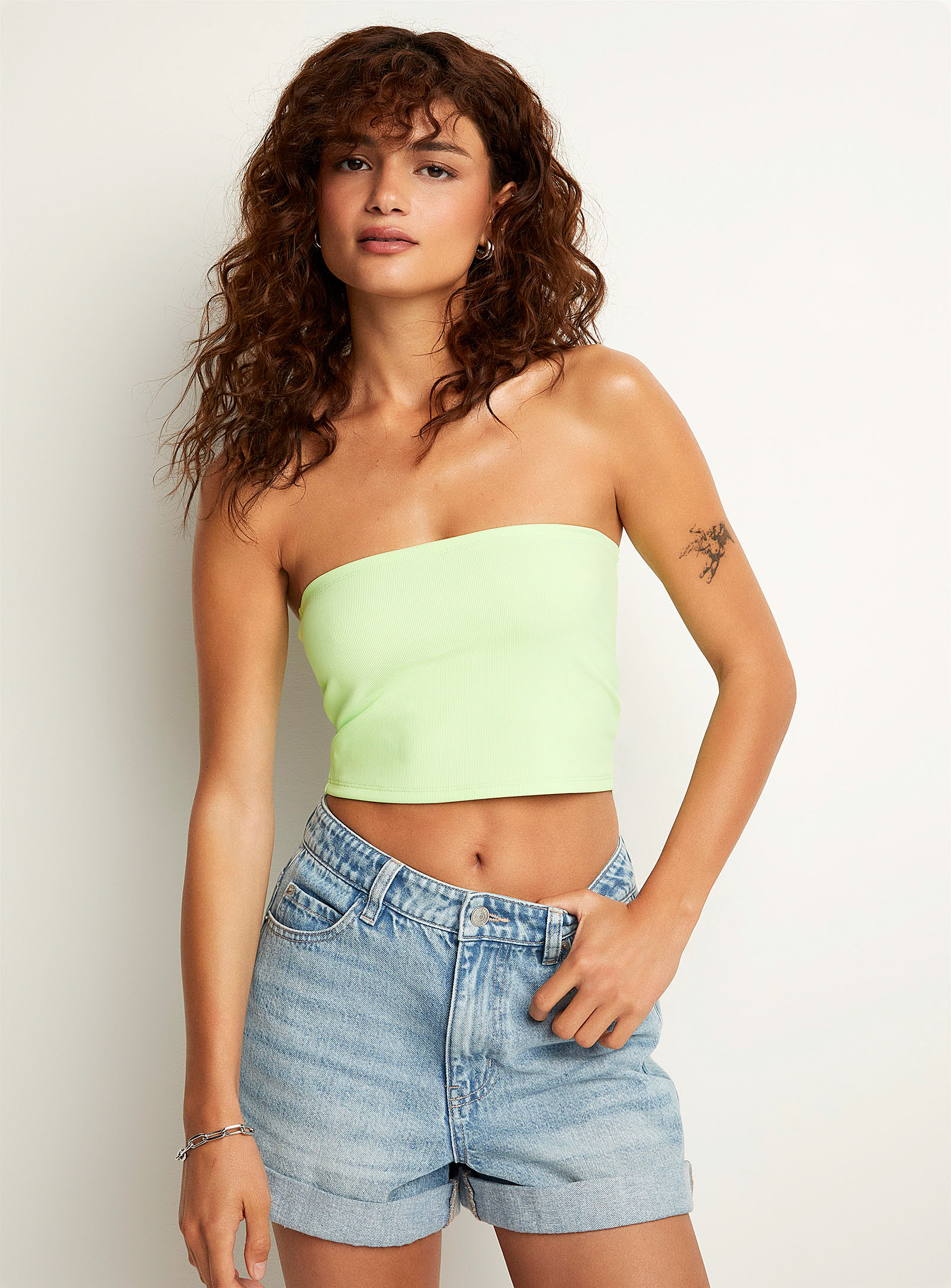 Icone Finely Ribbed Cropped Tube Top In Mint/pistachio Green