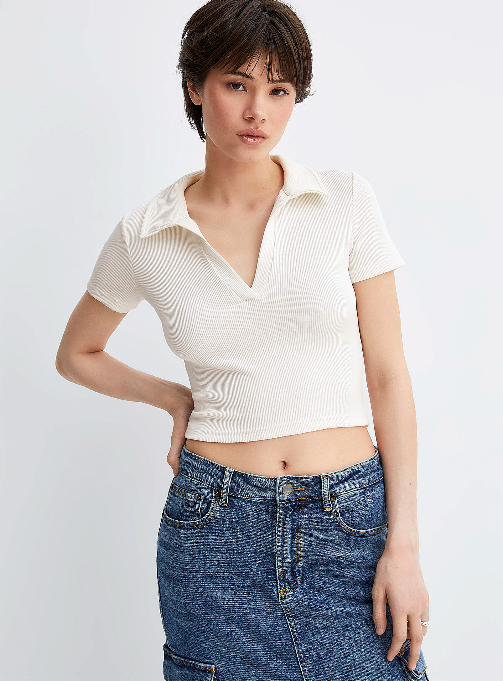 Twik Finely Ribbed Johnny Collar T-shirt In Ivory White