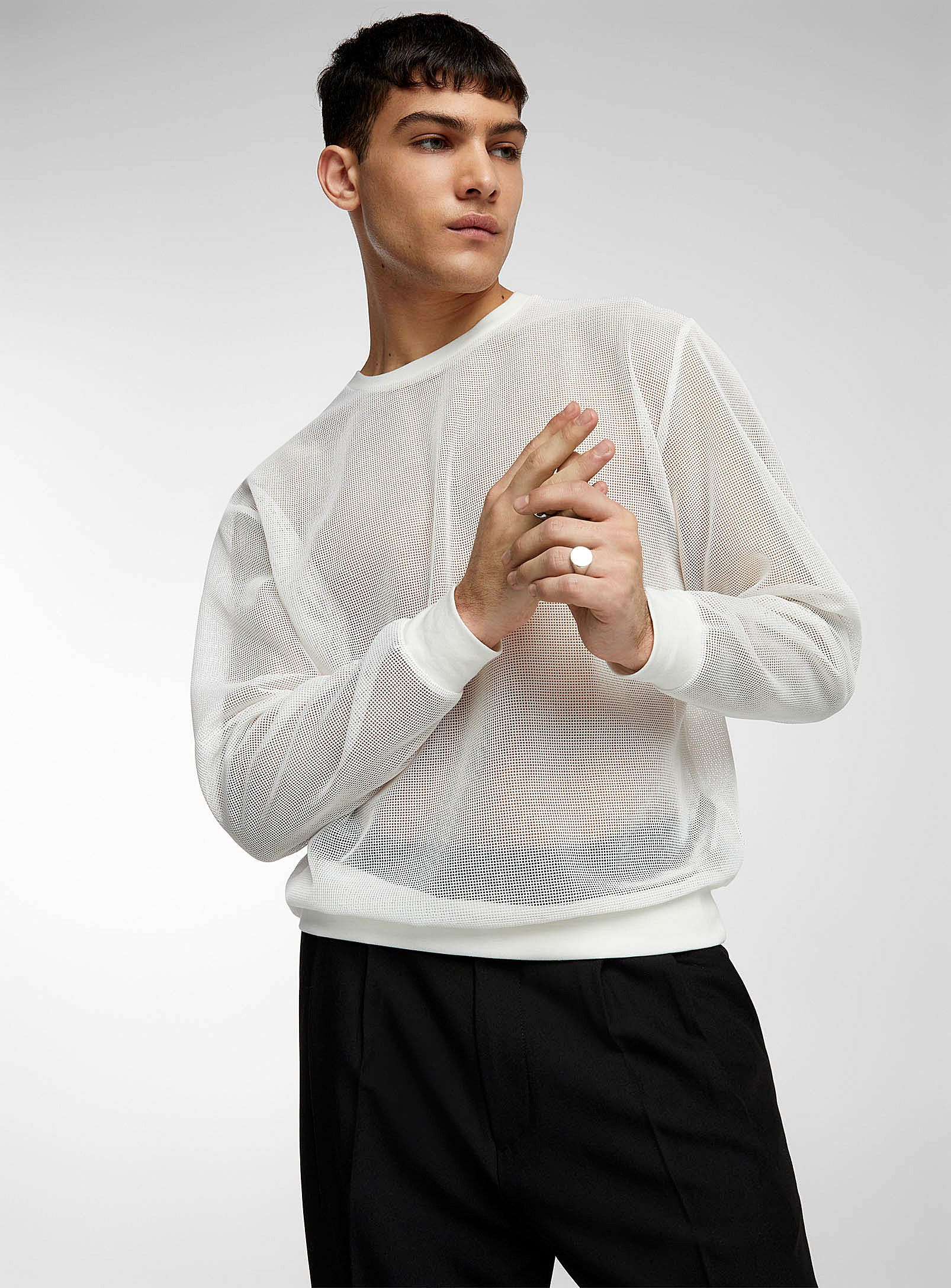 Le 31 Monochrome Mesh T-shirt In Ivory White