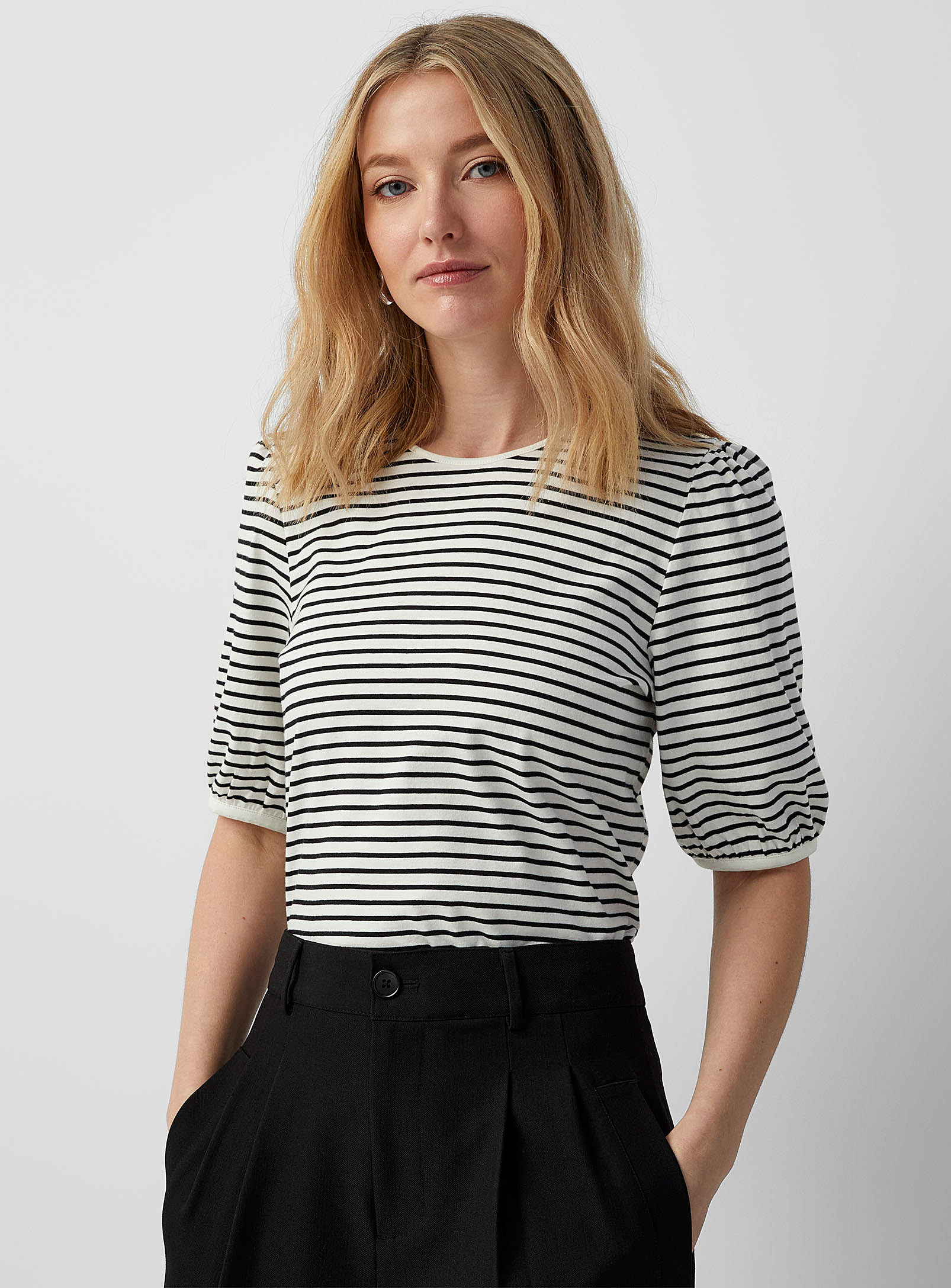 Contemporaine Puff-sleeve Striped T-shirt In Patterned White