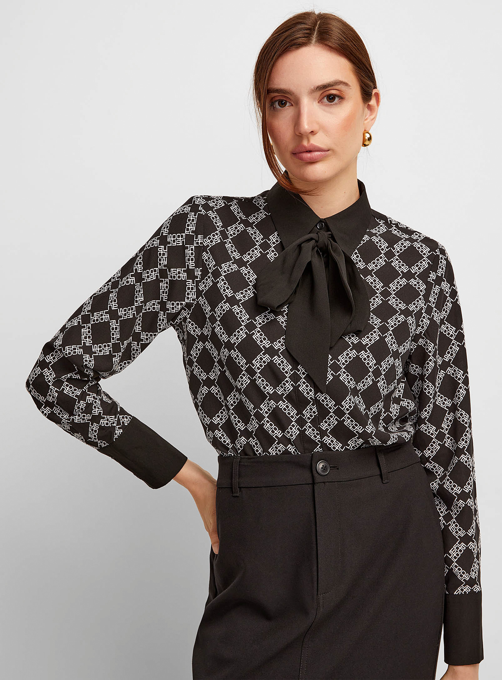 Icone Scarf Collar Printed Silky Shirt In Black And White