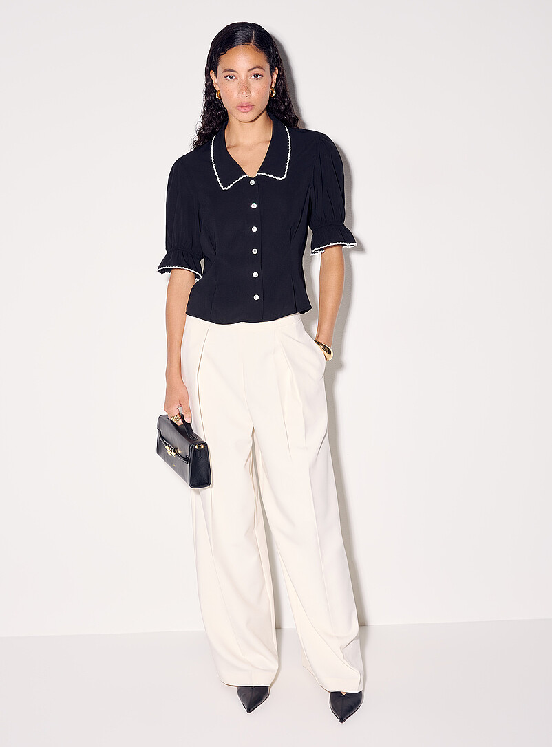 Scalloped-Trim Puff-Sleeve Blouse