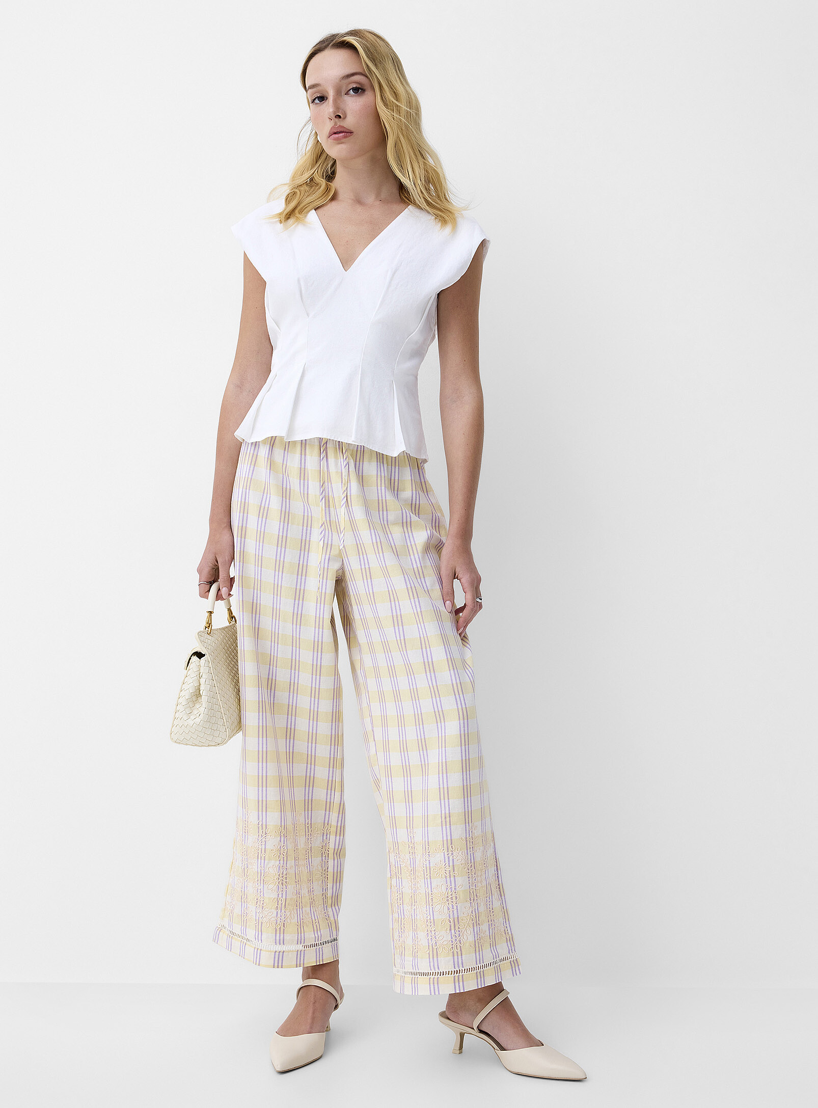 ICONE TOUCH OF LINEN EMBROIDERED OPENWORK WIDE-LEG PANT