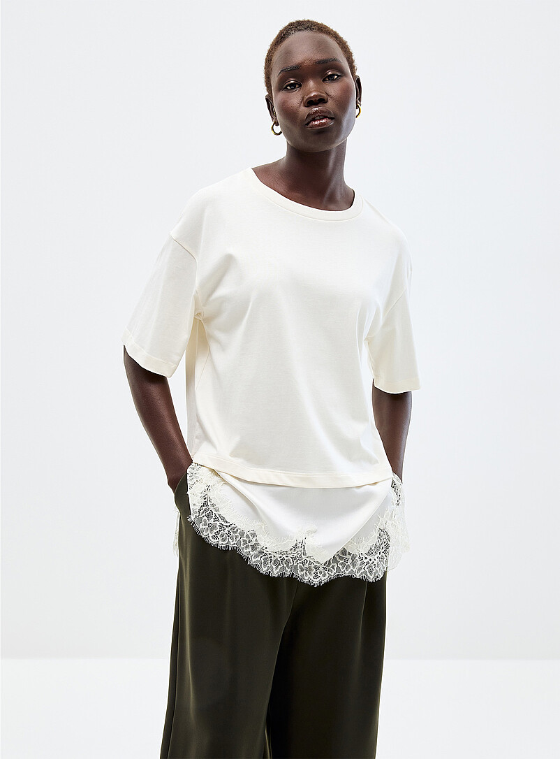 Long boxy-fit asymmetrical lace organic cotton T-shirt product image (primary)