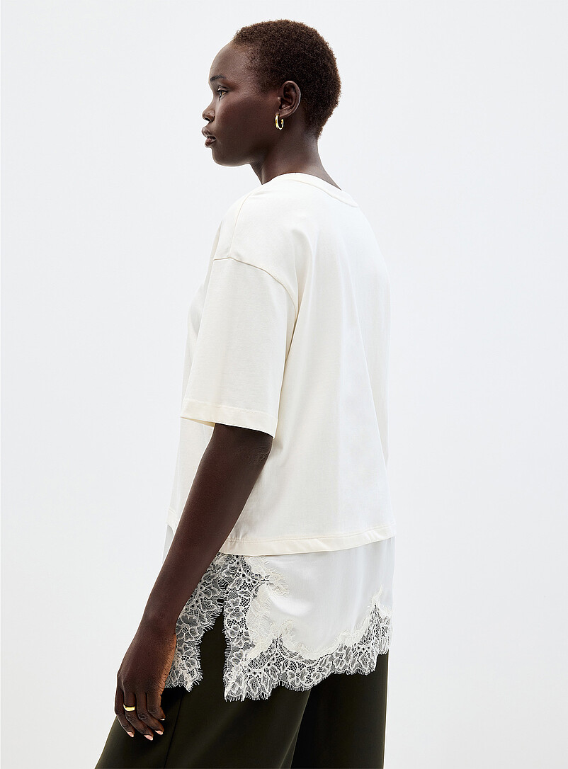 Long boxy-fit asymmetrical lace organic cotton T-shirt product image 2